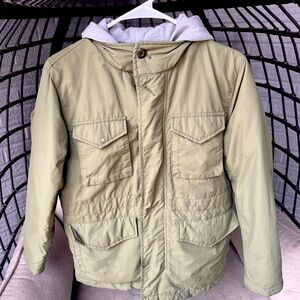 Youth GAP large winter coat, army green with sweatshirt hood.